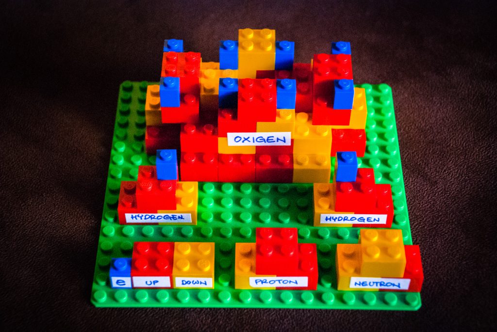Una molecola d'acqua di LEGO, con i suoi costituenti